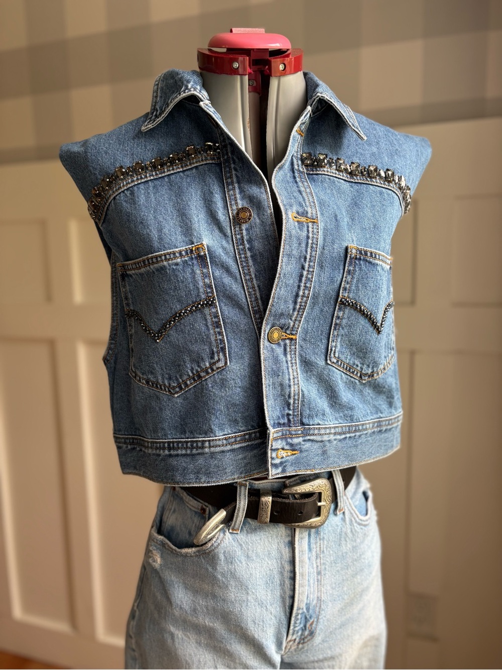ESQUALO Blue Embellished Denim Vest Small